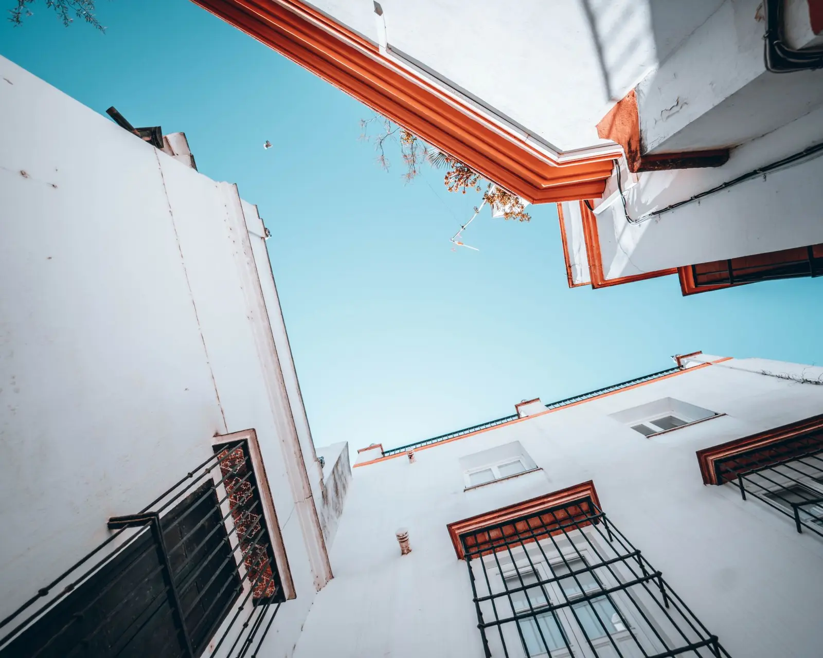 Fachadas encaladas con rejas vistas desde abajo
